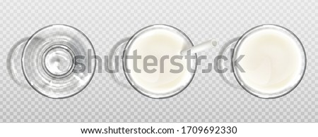 Glass of milk with paper straw top view. Vector realistic set of empty glass and clear cup full of milk, yogurt, shake or dairy drink. Healthy organic beverage isolated on transparent background