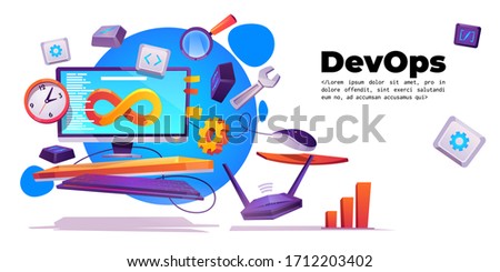 DevOps banner. Concept of development operations. Vector landing page of project integration with cartoon illustration of computer screen with lifecycle infinity sign, clock and router