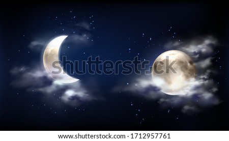 Moon in night sky with clouds and stars. Vector realistic illustration of full moon and crescent on dark midnight sky. Starry outer space with bright glowing planet and fog