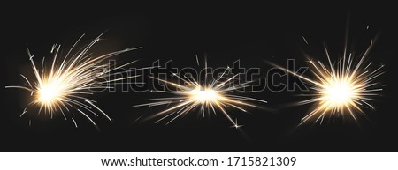 Weld sparks isolated on black background. Vector realistic flare effect of metal welding, iron cutting, fireworks or electric flash. Set of light flashes of industrial works with steel or firecrackers