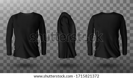 Long sleeve t-shirt for man front, side and back view. Vector realistic mockup of male black tee, sweater, sport or casual apparel with round neck isolated on transparent background