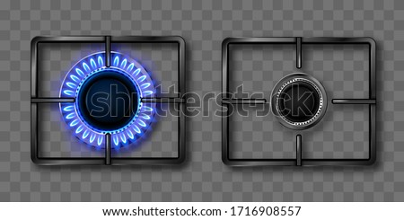 Gas burner with blue flame and black steel grate. Kitchen stove with lit and off hob. Vector realistic set of burning propane butane in oven for cooking top view isolated on transparent background