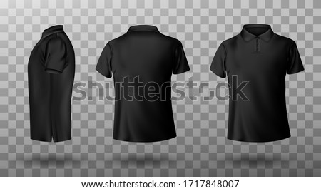 Men black polo shirt front and back view. Vector realistic mockup of male blank t-shirt with collar and short sleeves, sport or casual apparel isolated on transparent background Stockfoto © 