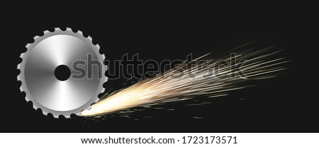 Rotating circular saw blade with fire sparks. Vector realistic illustration with flare effect of cutting metal by steel saw disc isolated on black background. Weld sparks of industrial works with iron