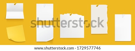 Paper notes set, white notebook sheets pinned on wall, blank folded and ragged pages. Memo pads, daily planner, empty sticky notes isolated on yellow background. Realistic 3d vector illustration