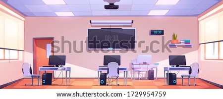 Computer class, open space office interior. Empty school, modern business workplace, room for coworking or studying. Cabinet with furniture, pc on desks, tv screen, windows cartoon vector illustration