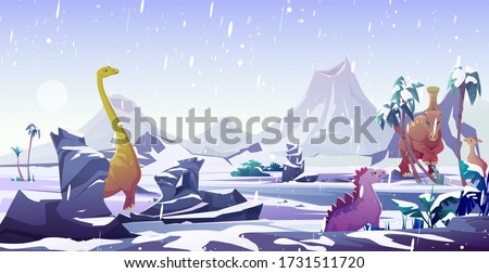 Dinosaurs in ice age. Animals extinction by cold in arctic winter. Vector cartoon prehistoric landscape with snow, frozen water and dino characters, ancient reptiles