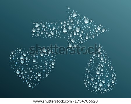 Condensation water droplets in shape of heart, tear and arrow isolated on dark background. Hydration liquid drops, rain shower bubbles wet texture, design elements, Realistic 3d vector illustration