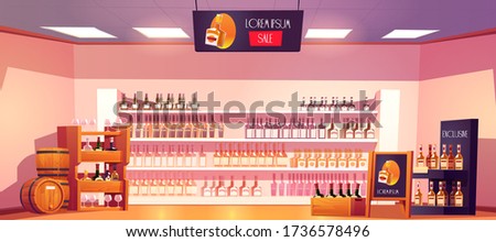 Alcohol shop with bottles, wooden rack, shelves, barrels and advertising stand. Vector cartoon interior of alcoholic drinks market with bottles of wine, beer and whiskey on showcase