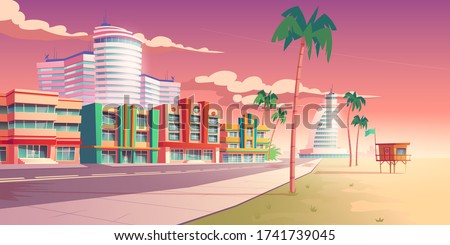 Street in Miami with hotels, sand beach and palm trees. Vector cartoon tropical landscape with buildings in resort city at sunset. Summer cityscape with empty road and rescue tower on sea shore