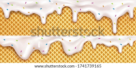 Realistic drip ice cream melted drops with sprinkles on waffle cone background. Melted white sweet liquid splashes, glossy cream border with dripping droplets, molten texture 3d vector illustration