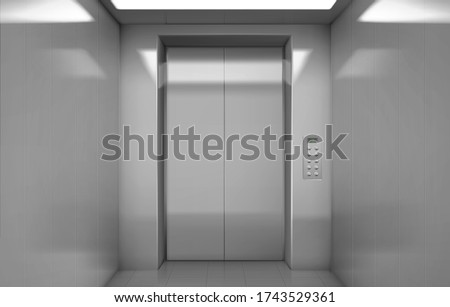 Empty elevator cabin with closed steel doors inside view. Vector realistic interior of passenger lift with buttons panel and digital display with number of floor in house or office building