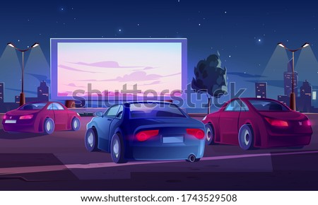Car street cinema. Drive-in theater with automobiles stand in open air parking at night. Large outdoor screen with nature scene glowing in darkness on starry sky background Cartoon vector illustration