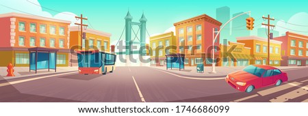 City crossroad with bus and car on transport intersection with zebra crossing, traffic lights and street lamps. Urban infrastructure, bridge and modern megapolis buildings, Cartoon vector illustration