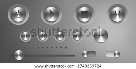 Music control panel with steel buttons, knobs, switch and volume slider. Vector realistic interface of audio or video application with silver buttons with play, stop, pause and power icons