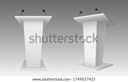 White pulpit, podium or tribune front side view. Rostrum stand with microphone for conference debates, trophy isolated on transparent. Business presentation speech pedestal Realistic vector mock up