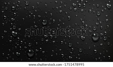 Condensation water drops on black glass background. Rain droplets with light reflection on dark window surface, abstract wet texture, scattered pure aqua blobs pattern Realistic 3d vector illustration
