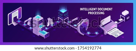 Document processing isometric landing page, archive docs on conveyor belt office paperwork. Robot hands working with database, drawer with files. Business data administration. 3d vector web banner