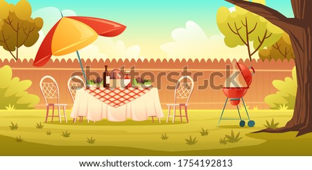 BBQ party on backyard with cooking grill, food on table, chairs and umbrella. Vector cartoon illustration of picnic with barbecue on summer lawn in park or garden