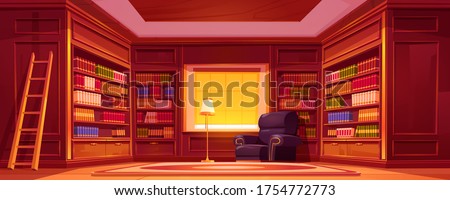 Library with bookcases, ladder, chair and lamp. Vector cartoon empty interior of old luxury library in house, store or university with wooden furniture, bookcases and armchair