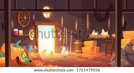 Barn on farm with chickens, straw and hay. Vector cartoon interior of old wooden shed with hen nests, haystack, fork, garden tools, bags and pumpkin. Rural barnhouse for storage harvest