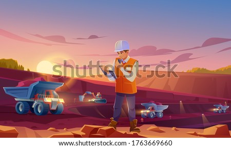 Man in helmet working on mining quarry. Opencast mine with dumpers, excavator and workers. Vector cartoon illustration of ore extraction open cast and engineer
