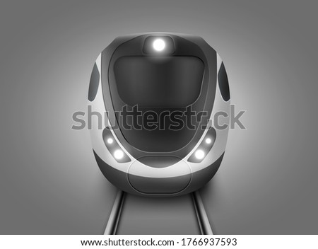 Modern subway train front view. Vector realistic illustration of front wagon of passenger speed train and rails. Underground electric railway transport for city or suburban commute