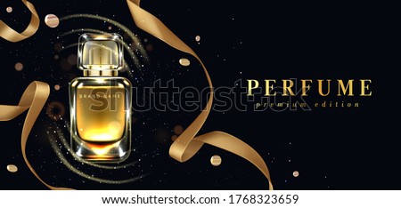 Perfume bottle with gold ribbons on black background with confetti and glowing sparkles. Scent glass tube package design. Women fragrance cosmetic product, promo poster. Realistic 3d vector ad banner