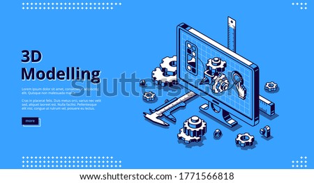 3d modelling isometric landing page. Cad engineer model project on computer desktop screen with construction supplies around. Software program for pc, technical blueprint, vector line art web banner