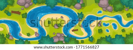 River top view, cartoon curve riverbed with blue water, coastline with rocks, trees and green grass. Summer nature landscape, beautiful valley, scenic picturesque natural stream, vector illustration
