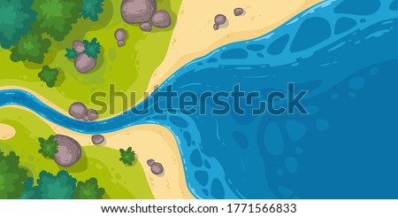 River flow into sea or pond top view, cartoon narrow riverbed going to wide water with rocks, grass and bushes on coastline. Summer landscape, beautiful valley, scenic stream, vector illustration