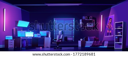Teenager boy bedroom night interior, gamer, programmer, hacker or trader room with multiple computer monitors at work desk, unmade bed, 3d printer on shelf, placard on wall cartoon vector illustration
