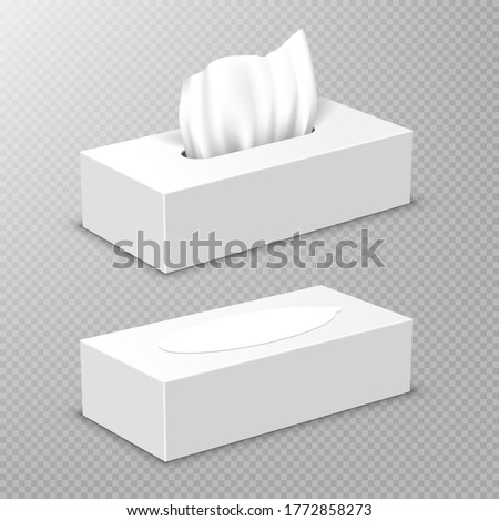 Box with white paper napkins. Vector realistic mockup of blank open and closed cardboard package with facial tissues or handkerchiefs, angle view isolated on transparent background