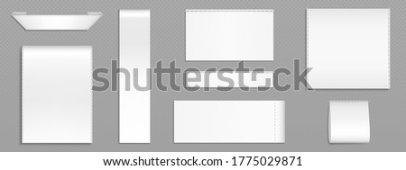 White fabric tags for textile isolated on transparent background. Vector realistic mockup of blank cloth labels with stitches, cotton ribbon badge different shapes, woven fashion sticker Stock fotó © 