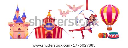 Circus stuff and artist big top tent, aerial gymnast girl sit on hoop, castle building, air balloon and white doves, amusement park decoration isolated on white background, cartoon vector illustration