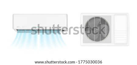 Air conditioner handing on wall and conditioning ventilator on window. Vector realistic mockup of split system for climate control with cold wind flows. Aircon isolated on white background