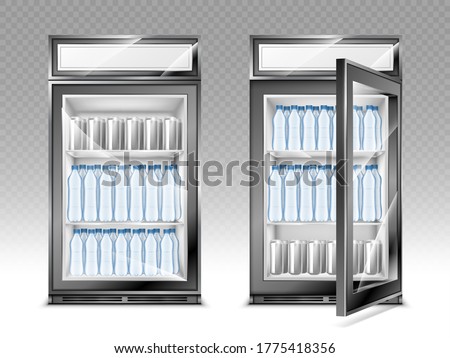 Mini refrigerator with water bottles and beverages, fridge with advertising digital display and transparent close and open glass door. Realistic 3d vector cooler with drinks on shelves front view