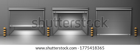 Gate with metal rolling shutter in gray wall. Vector realistic illustration of hallway in commercial garage or warehouse with closed and open roller up blinds. Building facade with automatic doors