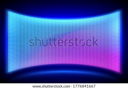 Led concave wall video screen with glowing blue and purple dot lights on black background. Vector illustration of grid pattern for led display on stadium or scene. Digital panel with mesh diode lamps Сток-фото © 