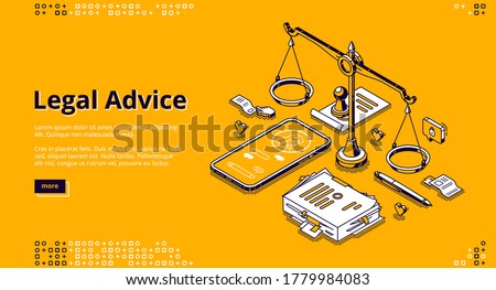 Legal advice isometric landing page. Online lawyer assistance for regulation legal issues and compliance to rules. Advocate attorney service, 3d vector line art banner with scales, phone and documents