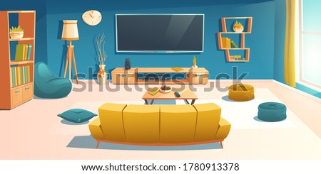 Living room interior with sofa, tv, bookshelf and coffee table. Apartment with couch front of television set on wall, empty home design with bean bag chair and decoration, Cartoon vector illustration