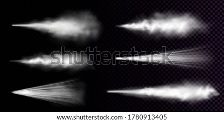 White dust spray isolated on transparent background. Vector realistic set of smoke or powder with particles splash from aerosol, stream of spraying cosmetic, fragrance or deodorant