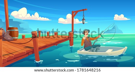 Lake with wooden pier and fisherman in boat. Vector cartoon illustration of summer landscape with river, sea bay or pond, wharf and man in hat with fishing rod in boat