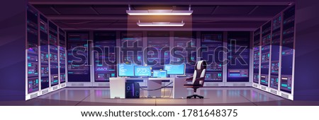 Data center room with server hardware, chair and desk with computer monitors. Vector cartoon interior of information storage office with control panel, racks with hardware for network