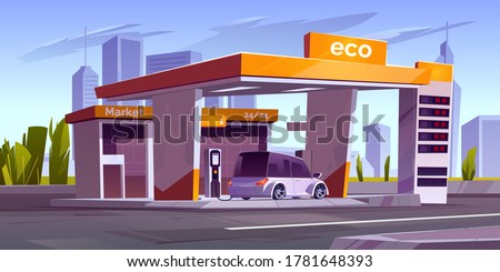 Charger station for electric car with market and prices display. Vector cartoon cityscape with station, cable with plug for charging vehicle battery. Concept of eco fuel, green energy for transport