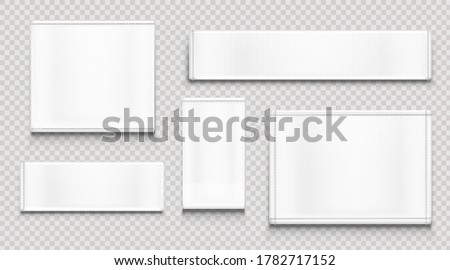 White fabric tags different shapes isolated on transparent background. Vector realistic mockup of blank cloth labels with stitches, cotton badge for textile, woven fashion sticker Stockfoto © 