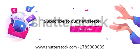 Subscribe to our newsletter cartoon banner, email news subscription, blog update messages submit with applauding human hands, confetti and envelope with pictures and sale icons. Vector illustration