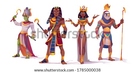 Ancient Egyptian god Amun, Osiris, Pharaoh and Cleopatra. Vector cartoon characters of Egypt mythology, king and queen, god with falcon head, Horus and Amon Ra