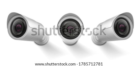 Security cam, cctv video camera, street observe surveillance equipment front and side angle view. Secure guard eye and crime prevention isolated on white background. Realistic 3d vector illustration