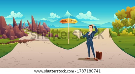 Confused man with map makes choice between hard and easy way. Vector cartoon landscape with businessman on road with direction sign, curvy path with rocks and simple straight road
